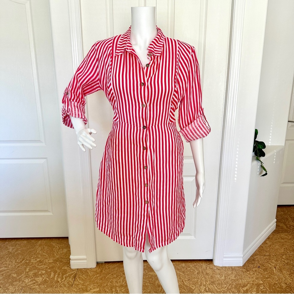 Bellambra Nautical Red & White Stripe 100% Linen Button Down Dress (M)